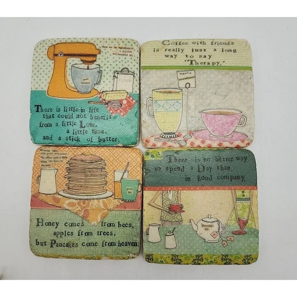 Kitchen Themed Stone Coasters With Display Stand Set of 4 by Curly Girl Design